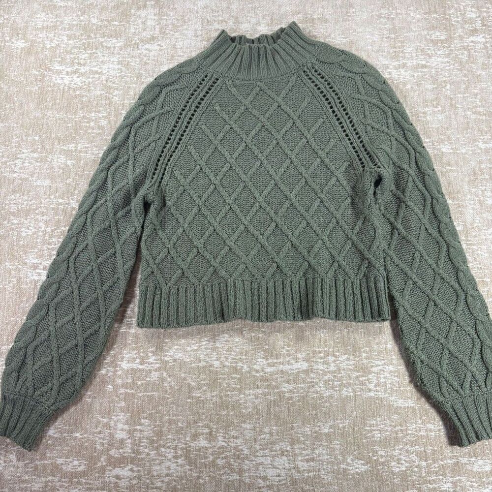 American Eagle Green Cable Knit Mock Neck Cropped Sweater Sz XS